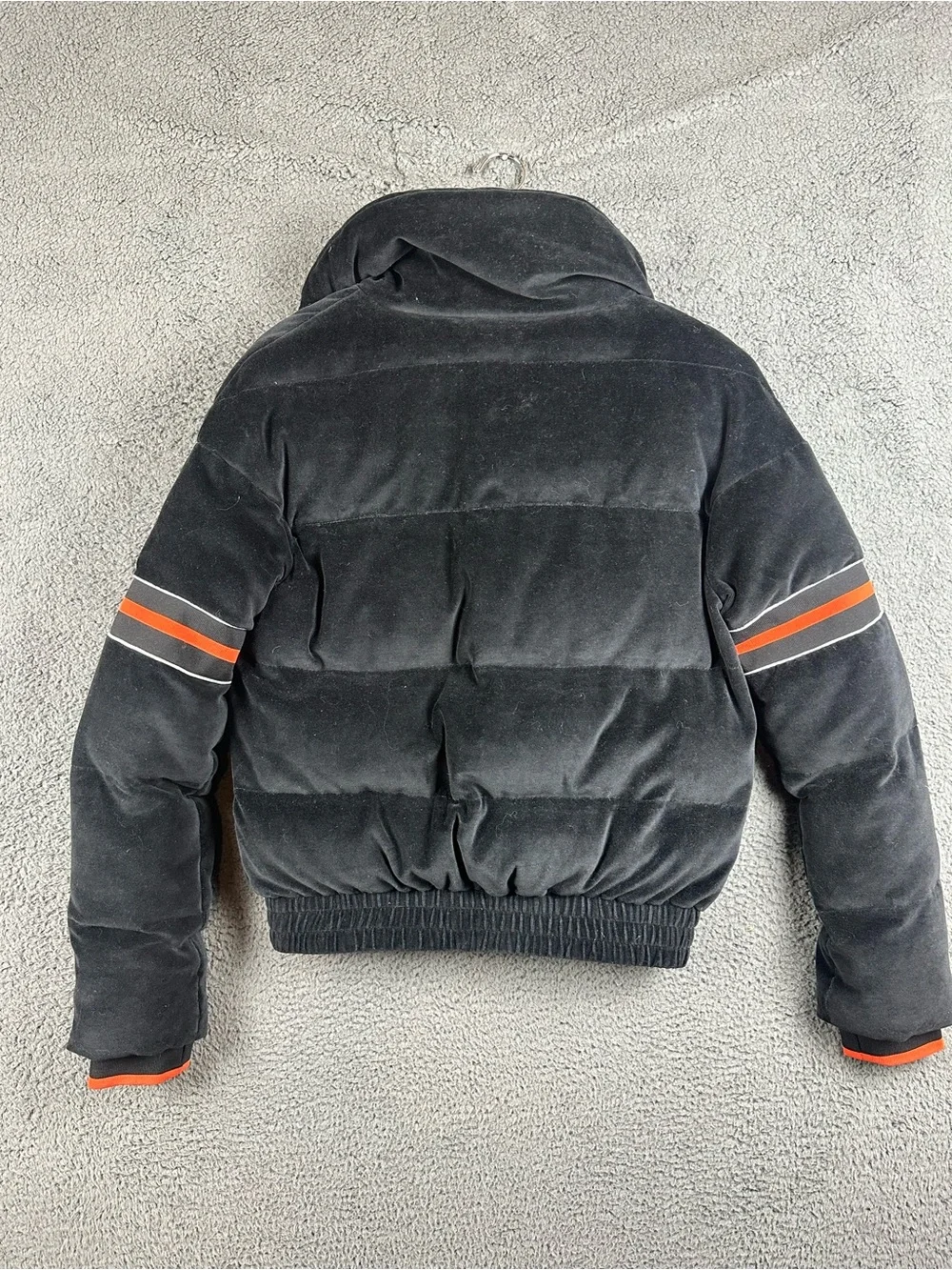 PE Nation Women Black Velvet Puffer Jacket Racing Stripe Funnel Neck Small